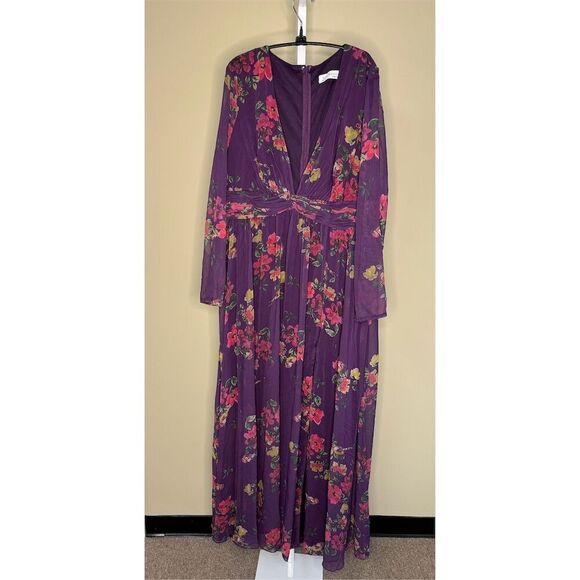Mac Duggal NWOT Floral Long Sleeve V-Neck Gown in Purple Multi Size 14 - Picture 3 of 7